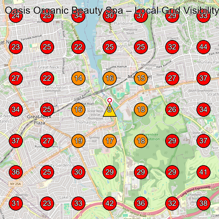 Oasis Organic Beauty Spa GeoGrid visibility map for Day Spa in Manhasset